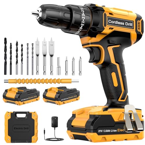 Broca Percutor a bateria 21 V, broca parafuso bateria com 2 x 2,0 Ah baterias, parafuso elétrico 42 Nm, ajuste de par de 25 + 3, 14 acessórios, 2 velocidades, luz LED para casa, bricolage