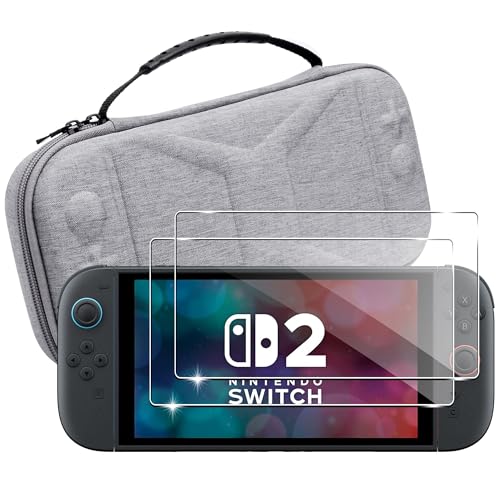 Lemxiee Capa para Nintendo Switch 2 acessórios [2 peças] vidro temperado para Nintendo Switch 2 (2025) protetor de ecrã, capa de transporte