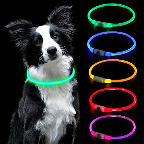 AUAUY Coleira luminosa cão, coleira LED recarregável por USB tamanho ajustável, coleira impermeável de segurança, reutilizável para cães pequenos médios e grandes (verde)