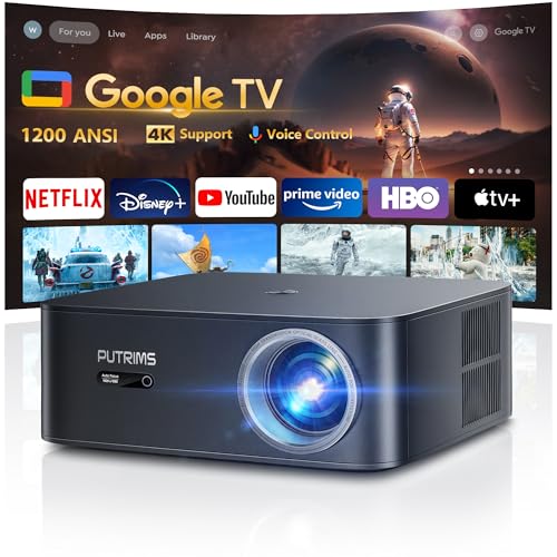 1200 ANSI/Google TV: Smart Projetor de 4K WiFi6, Bluetooth5.2, Full HD 1080P nativo com Netflix oficial, auto-foco/keystone e zoom 50%, controlo de voz, projetor de cinema para telemóvel, PC/HDMI/USB