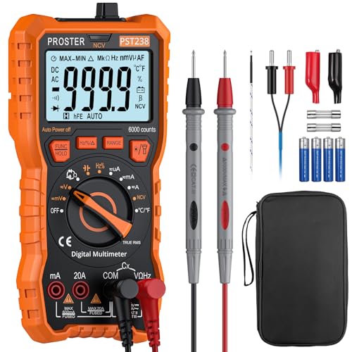 Proster Multímetro digital 6000 contas NCV TRMS polímetro profissional faixa automática com pinças crocodilo para teste de tensão corrente DC/AC resistência capacidade continuidade temperatura