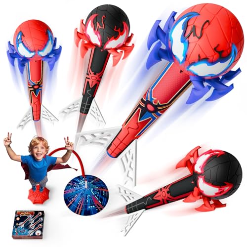 Foguete brinquedo lançador, 4 foguetes Spider com bomba de ar teia aranha brinquedos crianças 3 4 5 6 7 8 9 10 12 anos presente criança 3-12 anos jogos exterior jardim crianças presentes brinquedos