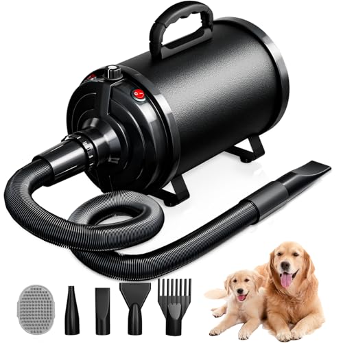 Blanlody Secador de cabelo para cães Blower muito silencioso 4,5 cv / 3200 W motor de velocidade ajustável, para cuidados com cães com 4 boquilhas diferentes mangueira elástica e escova de cuidados