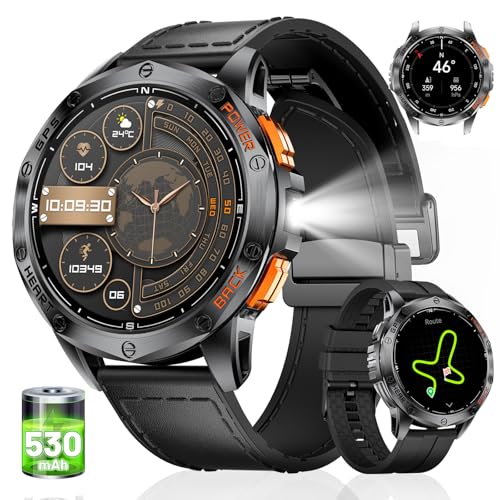 Relógio inteligente homem com GPS/altura e bússola, 1,43" AMOLED, lanterna, chamadas, 180 modos desportivos, monitor de saúde 24/7, bateria de 30 dias, 10 ATM impermeável Smartwatch para iOS e Android