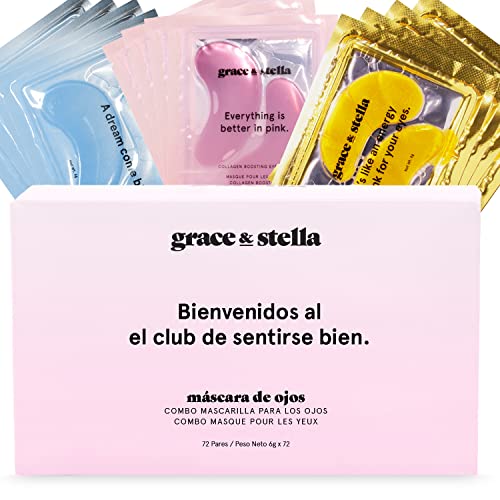 Grace and Stella Anti-orelhas de gel para olhos - Reduzem bolsas e rugas - veganos e não testados em animais [72 pares, dourado, rosa, azul]