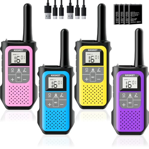 Walkie Talkies Longo alcance para crianças adultos, NXGKET 16 canais de rádio recarregável, 5 km de alcance com bateria de iões de lítio, cabo de carregamento USB-C, VOX para caminhadas e campismo,