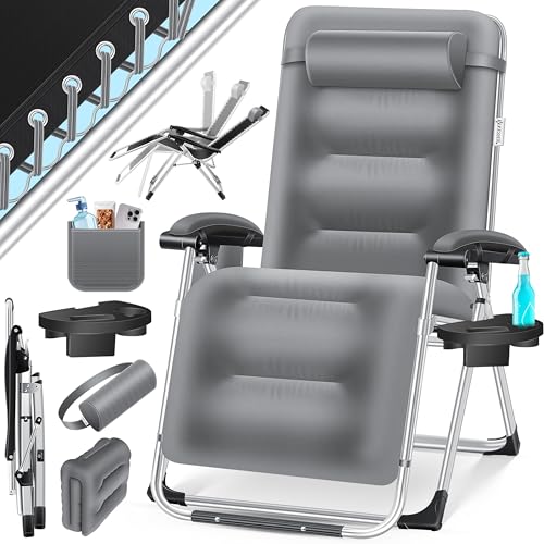 KESSER® Espreguiçadeira dobrável XXL, resistente ao interior, capacidade de carga de 200 kg, estofamento ergonómico, encosto ajustável, almofada cervical, porta-copos e almofada para braços, básico