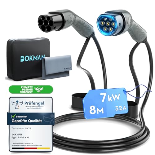 bokman EV Cabo de carregamento tipo 2, 7,2 kW / 32A / monofásico / 8 metros / modo 3, cabo de carregamento rápido híbrido tomada para veículo elétrico tipo 2 a tipo 2