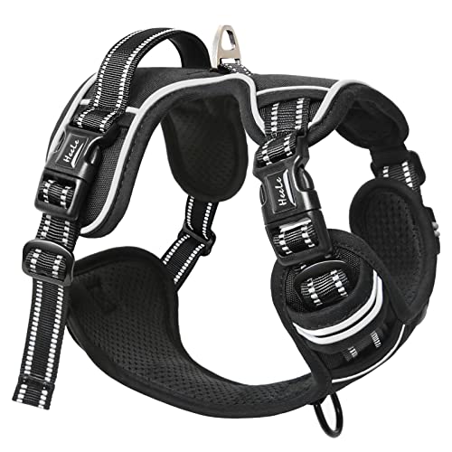 HEELE Arnês para cão médio arnês para cão colete refletor com 3 fivelas de libertação rápida arnês ajustável para cão, cabo acolchoado, conforto, libertação do pescoço, preto, L