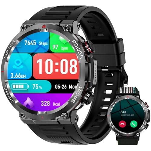 Yxtel Relógio inteligente homem militar, 1,39" Smartwatch com chamadas Bluetooth, monitor caríaco/SpO2/ Pedómetro/monitor de sono, 100 modos de desporto, IP68, iOS Android (2 correias)