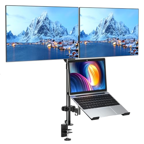 PUTORSEN Braço para monitor de 17 a 32 polegadas ecrã LED LCD, com bandeja para portátil de até 17 polegadas, suporte com VESA de 75/100 mm, 2 opções de montagem