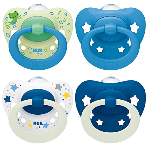 : NUK Signature Day & Night chupeta | 6-18 meses | Calma 95% dos bebés | Chupetes de silicone sem BPA em forma de coração | Brilha no escuro | Estrelas | 4 unidades