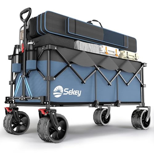 Sekey XXXL Carrinho de praia dobrável com travões, 300 L, 200 KG, carrinho dobrável com rodas extra grandes, 17 x 10 cm, para todo o terreno, patenteado dobrável em quatro direções, SE4013, cinzento