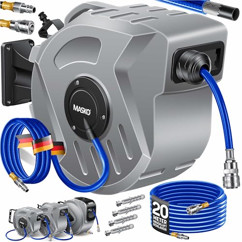 MASKO® Enrolador automático de mangueira de ar comprimido, conexão 1/4, enrolador de mangueiras, suporte de mangueira montado na parede, enrolador de mangueiras de ar comprimido, cinzento, 20 m