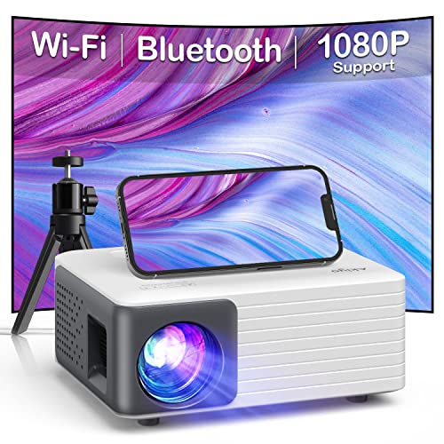 Projetor, AKIYO Mini projetor portátil 5G WiFi Bluetooth com tripé, 9000 Lumens suporta 1080P Full HD, projetor cinema em casa para telemóvel / iOS/Android/PC/TV Stick /PS5/HDMI/USB, presente para