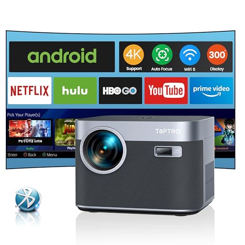 Projetor 【Android TV & Auto Focus/Keystone】Suporte de projetor WiFi Bluetooth 4K, 28000 lúen TOPTRO projetor Full HD 1080P, nativo cinema em casa com função de zoom antipoeira para telemóvel USB HDMI