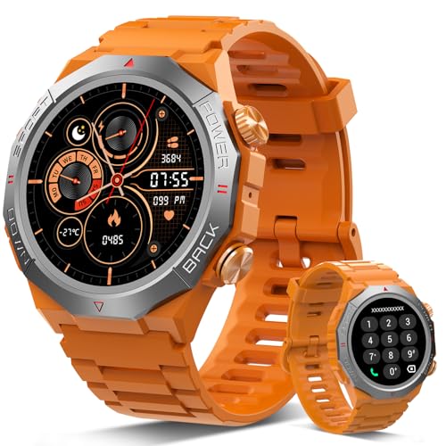 Relógio inteligente homem mulher com chamadas, 1,39" militar Smartwatch com 110 modos desportivos, monitor de ritmo cardíaco e sono. Pulseira de atividade IP68 impermeável para Android iOS, laranja