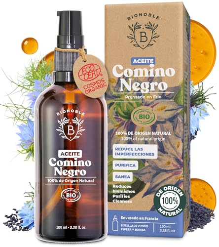 Bionoble Óleo de cominho preto orgânico 100 ml, garrafa de vidro pipeta bomba 100% puro e prensado a frio - pele, cabelo e unhas - Organic Black Seed Oil - óleo vegetal Nigella Sativa