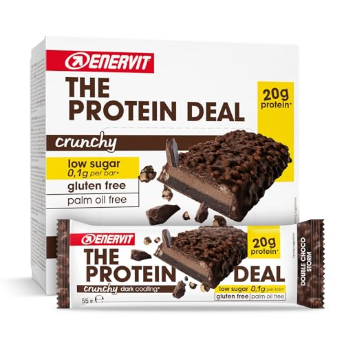 Enervit, The Protein Deal Crunchy Double Choco Storm, barras profissionais Enervit, 20 g de proteína, sabor chocolate preto, lanches, profissionais sem glúten, baixo em açúcar, 12 x 55 g barras