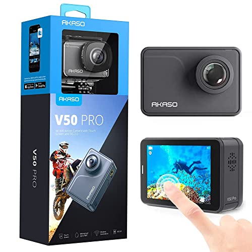 AKASO Câmara desportiva nativa 4K/30 fps 20 MP WiFi câmara de ação com ecrã tátil câmara submergível aquática 30 m 170 ° grande ângulo controlo remoto EIS 2 baterias multi acessórios (V50 Pro)