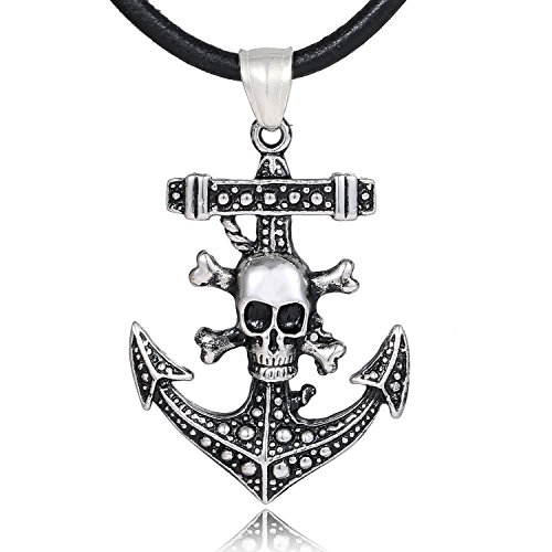 DonDon Colar de couro 50 cm com pingente piratas âncora de aço inoxidável para homens em saco de veludo, Couro