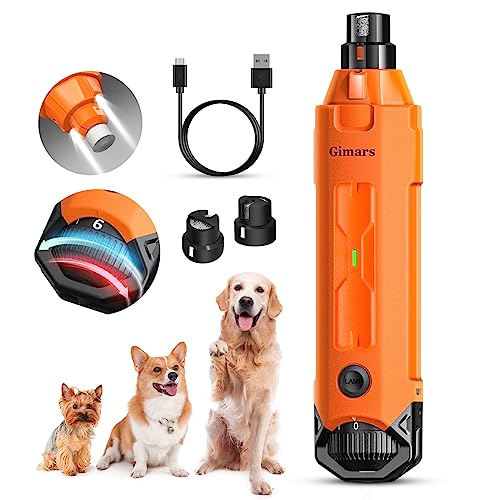 Gimars Lima de unhas elétrica para cães, ajustável 6 velocidades cortador de unhas elétrico, corta-unhas elétrico para cães com luz LED, recarregável lima de unhas de 3 portas para cães laranja