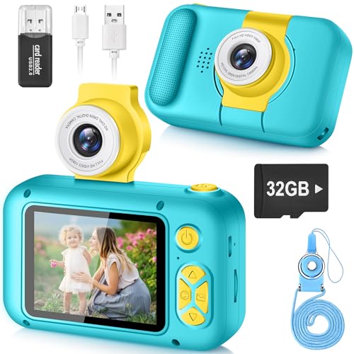 ARNSSIEN Câmara com fotos infantis, câmara de fotos para crianças com lente de 180°Flip e ecrã IPS 2,4 polegadas, brinquedo de aniversário para meninos e meninas de 3-12 anos, cartão de 32 GB, X101