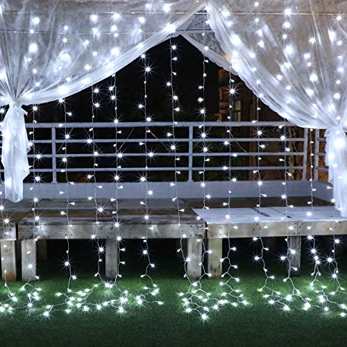 YMing Cortina de luz 3 x 3 m 300 luzes LED em cascata com 8 padrões de iluminação cortina de luz impermeável para jardim ao ar livre e decorações de quartos interiores Ano Novo, festa, casamentos
