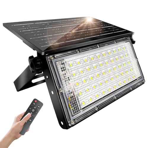 CREATESTAR Foco solar para exterior, 50 W, super brilhante luz solar exterior com controlo remoto, IP65 candeeiros solares impermeáveis para jardim, pátio, garagem