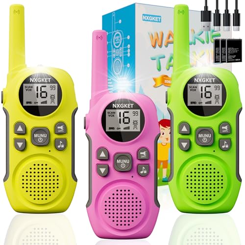 Walkie Talkie para crianças recarregável, 3 unidades NXGKET Walki Talki Longo alcance bateria de Li-Ion, presente de brinquedos ao ar livre para crianças dos 3 aos 12 anos, 16 canais LCD ecrã VOX para