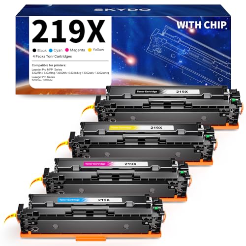 Skydo 219X Toner (com chip) compatível para HP 219X 219A Toner para Laserjet Pro 3202dn, 3202dw, cor Laserjet Pro MFP 3302fdn, 3302fdng, 3302fdw, 3302fdwg (1preto, 1 Ciano, 1 Magenta, 1 amarelo)