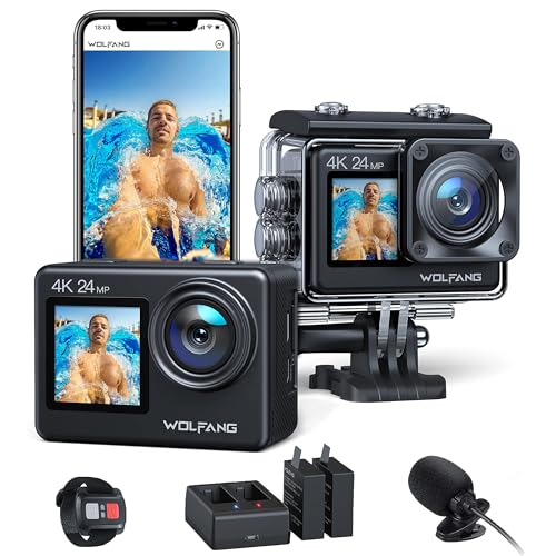 WOLFANG GA200 Câmara desportiva 4K 24 MP, ecrã duplo Wi-Fi, câmara de vídeo, câmara aquática impermeável impermeável de 40 m, 170° grande angular, controlo remoto EIS melhorado, 2 baterias, carregador, multi acessórios os