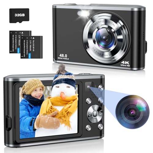 Câmara digital HD 4K 48 MP, câmara fotográfica com cartão SD de 32 GB, câmara dupla dianteira e traseira, recarregável câmara digital com zoom 16X e 2 baterias, para iniciantes