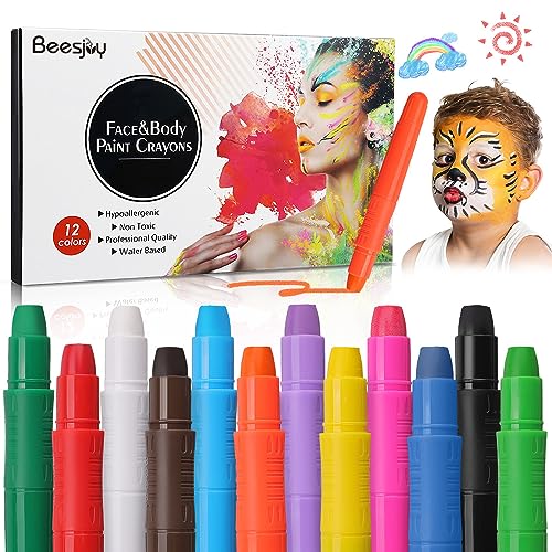 Beesjuy Tintas rosto para crianças em 12 cores, pinturas grávidas, pintura corporal lavável e não tóxica, ideal para adequado para carnaval, Halloween, festa de aniversário (novo molde de 12 cores)