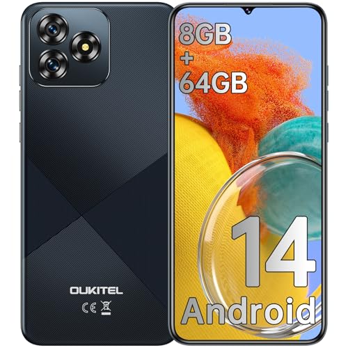 OUKITEL C53 Telefones celulares livres 2025, 8 GB RAM + 64 GB ROM/TF 1TB Smartphone, 6,6" ecrã HD + telemóvel Android 14, bateria 4300 mAh, 13 MP+5 MP, 4G Dual SIM/Octa-Core/OTG/GPS - preto