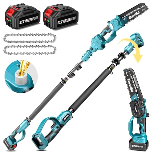 SEESII Motosserra sem fios 2 em 1 e mini serra com 2 baterias de 4000 mAh, serra de motor sem escovas de 8 polegadas com pertiga telescópica, expansível até 15 pés para poda árvores