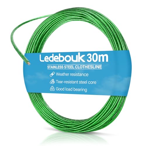 Ledebouk Corda estendal exterior, 30 m corda de tendência, corda de colocação, capacidade de carga 120 kg, extra forte graças ao núcleo de aço, corda para roupa no exterior, jardim ou campismo (verde)
