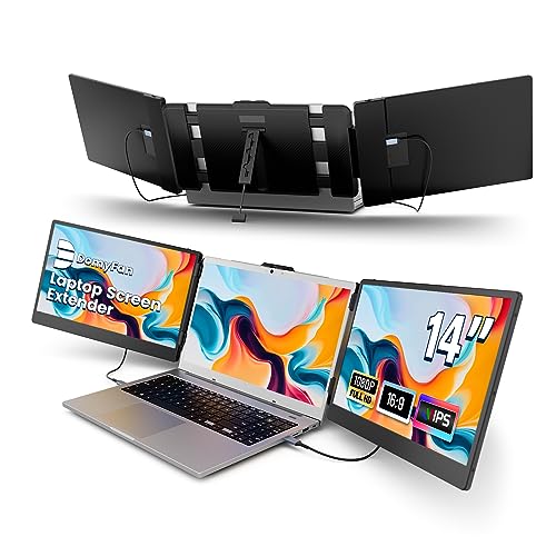 domyfan Monitor portátil para portátil, 14" FHD 1080P IPS triplo extensor de ecrã para portátil compatível com 13,3" - 17" Mac, Windows, Android, Chrome, Switch, PS