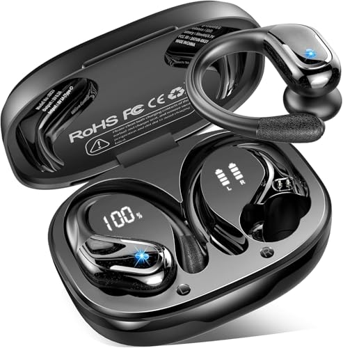 Auriculare sem fios desportivos, novos auriculares Bluetooth 5.4 com IPX8 impermeável, HD Mic, 75H capacetes sem fios Bluetooth HiFi estéreo, cancelamento de ruído ENC auriculares Running ecrã LED