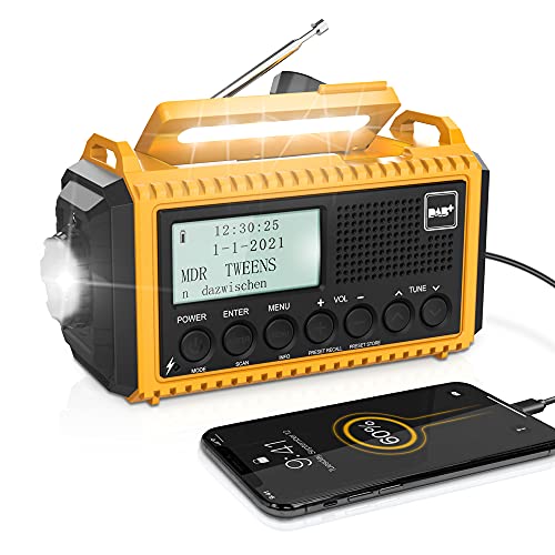 Rádio solar portátil Dab / Dab/FM com manivela, rádio com lanterna LED multifunções com relógio despertador digital, bateria de 5000 mAh e alarme SOS, campismo, caminhadas, exterior