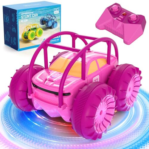 MaxTronic Carro telecomandado para meninas, carregamento direto Monster Truck anfíbio com luz LED, 4WD impermeável interior ao ar livre RC brinquedo de praia da piscina, crianças de 3 4 5 6 7 8 9 anos