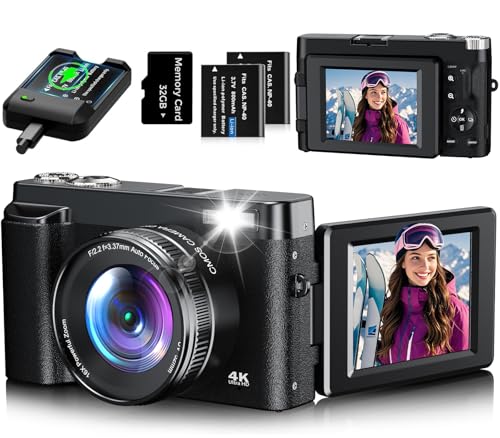 Câmara digital 4K, 48MP 16X Zoom câmara de fotos, câmara compacta com ecrã rebatível de 180° com foco automático, cartão de memória 32G, estação de carregamento, 2 baterias para iniciantes (preto)