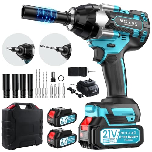 sukaudiz Pistola de impacto bateria 1/2 1000 Nm equipado com motor sem escovas, 2 baterias de 4000 Mah, carregador rápido, 4 brocas, 4 pontas de chave de fenda Corldless Impact Wrench