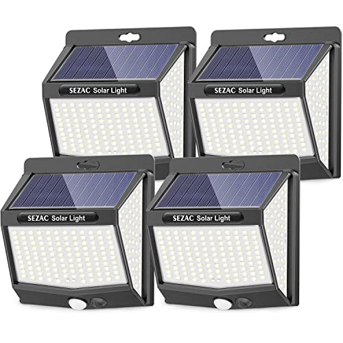 SEZAC Luz solar exterior [4 pacotes/3 modos] 270° super brilhantes focos LED exteriores solares com sensor de movimento, IP65 luzes solares LED exterior jardim para garagens, caminhos, portas