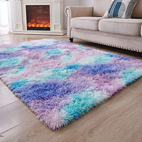 MARATIP Tapetes de sala de estar cabelo comprido tapete de quarto laváveis tapete de cabelo comprido para sala de estar ou quarto, tapete antiderrapante esponjoso, tapete de cama (azul roxo, 160 x 230
