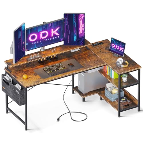 ODK Mesa de jogos em L, 147 x 80 cm, secretária de canto reversível, com porta de carregamento USB e tomada de energia, mesa em L com prateleira e suporte de monitor para casa, escritório, jogos