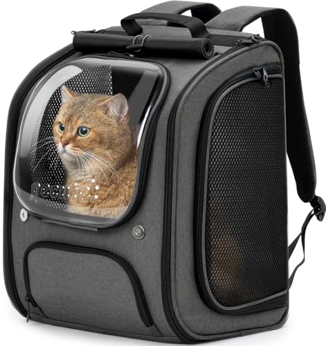 Pecute Mochila transportadora para gatos com bolha - espaço amplo e estável, viseira respirável, ideal para viagens, caminhadas, escalada, visitas ao veterinário com animais de estimação, cinzento