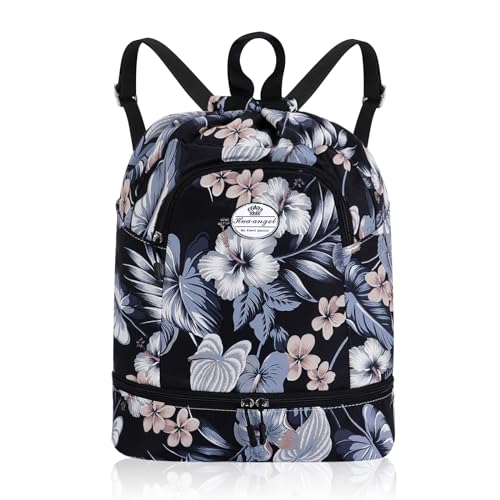 HUA ANGEL Mochila desportiva com cordão leve Gymsack mala de cordas com muitos bolsos mochila mulher homem de viagem para praia piscina basquetebol futebol andebol, Preto. Flores, Mochila de trekking