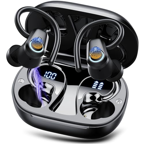 Auriculares sem fios desportivos, auriculares Bluetooth 5.3 HiFi estéreo com microfone HD, ecrã LED, 50 H capacetes sem fios Bluetooth com cancelamento de ruído ENC, IP7 impermeáveis capacetes para