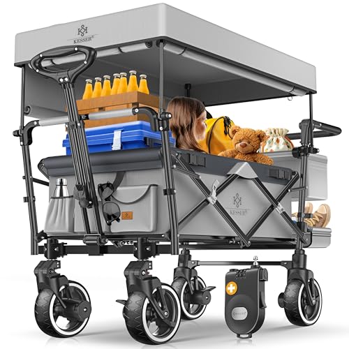 KESSER® Carrinho dobrável GTS-9100 com teto, carro de transporte dobrável, inclui 2 correias de 3 pontos, pneus de borracha maciça de 360° e extensão interna, travão dianteiro e traseiro cobertura e